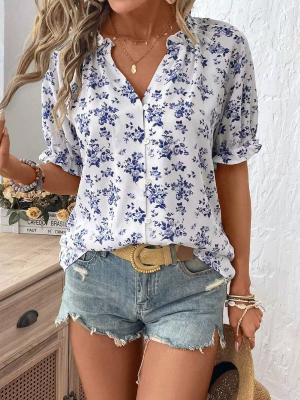ZARA Collared Floral Print Casual Short Sleeve Top